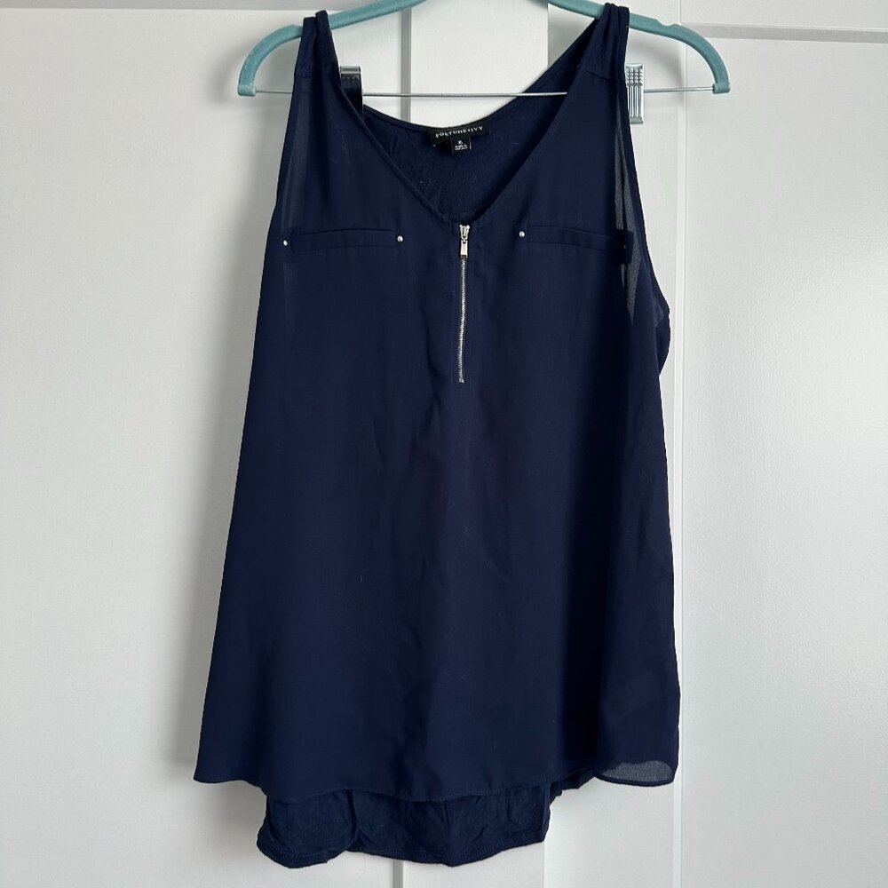 Fortune + Ivy Lighton Zip Detail Mixed Material Blouse - Navy - XL